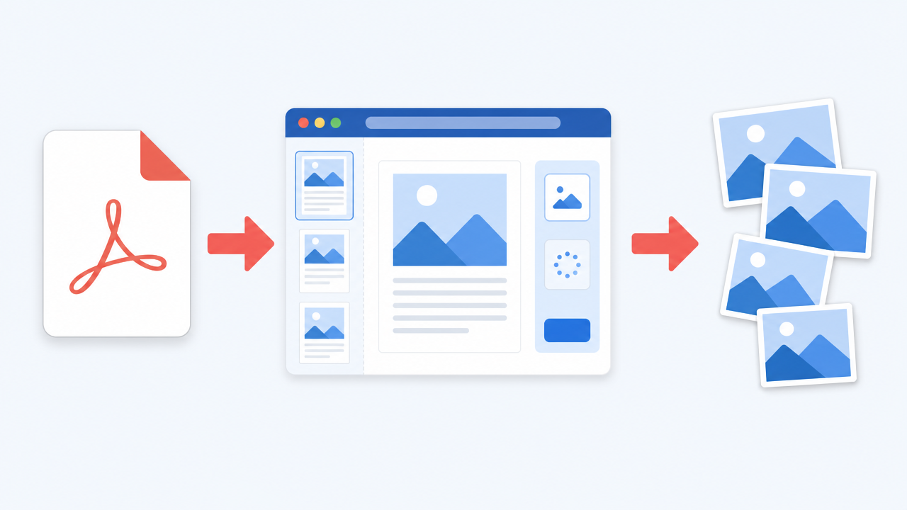 Simple flow diagram showing PDF file arrow to browser tool arrow to JPG images