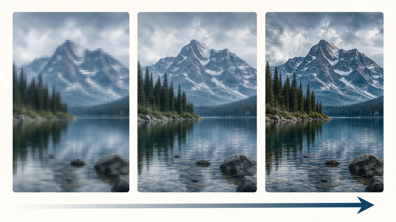 Side-by-side visual bars labeled 72 DPI (screen), 150 DPI (general print), and 300 DPI (print shop) with sample image sharpness icons
