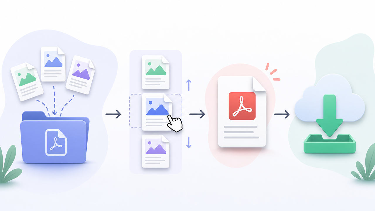 Simple flowchart of add PDFs, drag to reorder, merge, then download