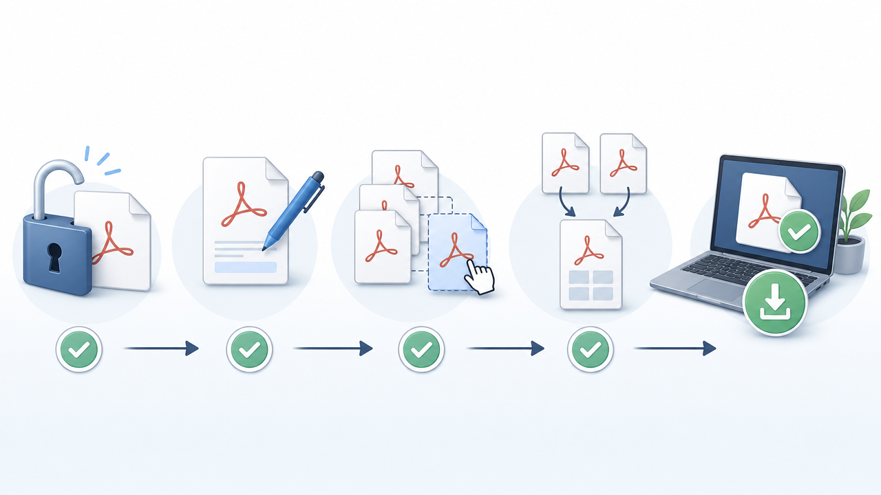 Checklist graphic for unlock PDFs, name with numbers, reorder, merge, verify download
