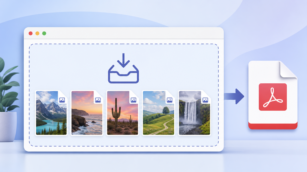 Browser window showing drag-and-drop zone with several JPG thumbnails loaded into an Image to PDF converter