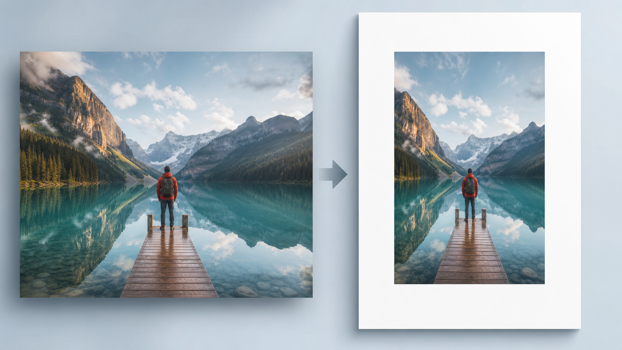 Side-by-side preview of the same JPG on Fit to image versus A4 portrait with margins
