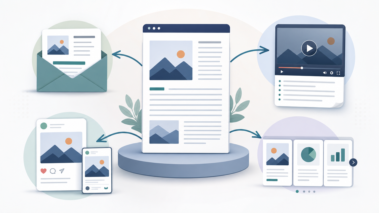 Diagram of one pillar article branching into email, social posts, video script, and carousel