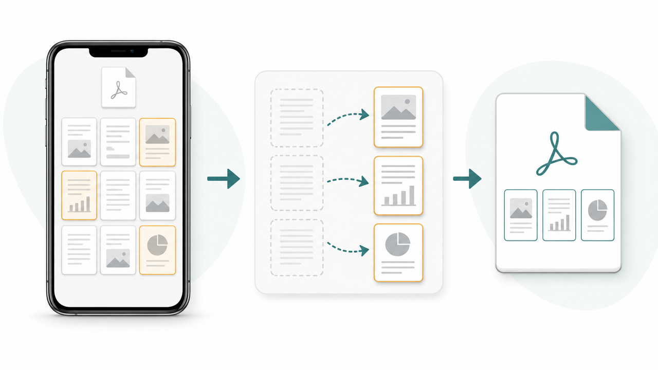 スマホでPDFの必要ページだけを選んで新ファイルにする流れの図解
