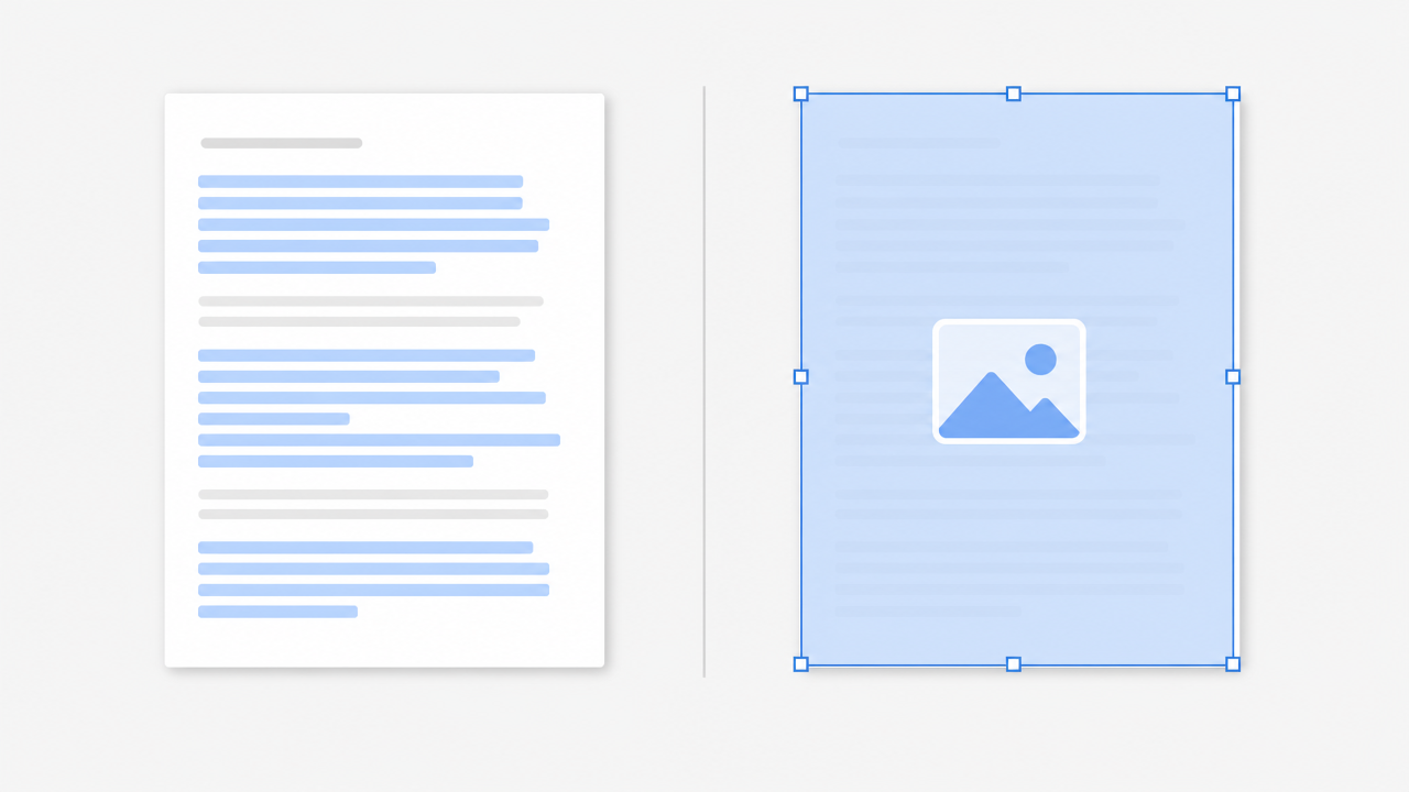 Side-by-side comparison showing a native PDF with highlighted selectable text on the left and a scanned PDF where the entire page selects as a single image on t