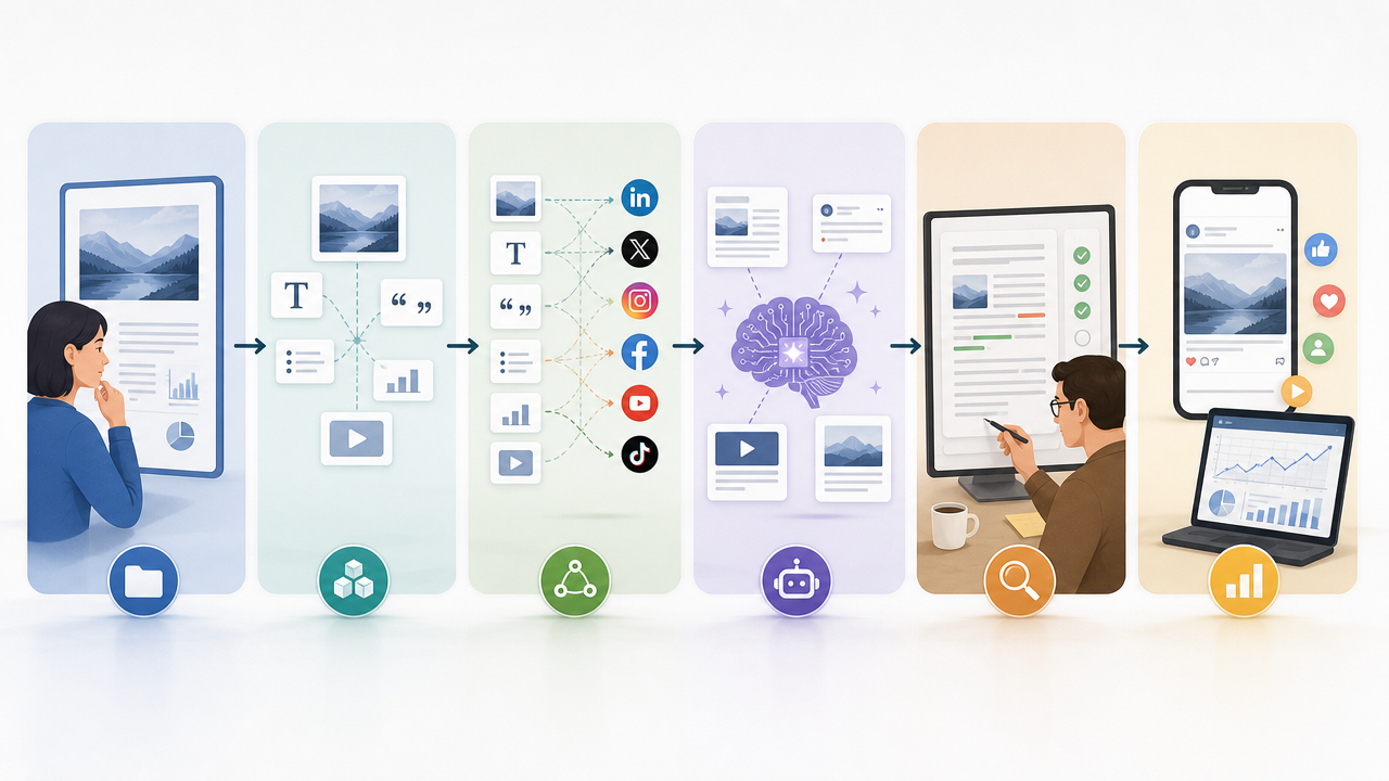 A horizontal flowchart showing six steps from left to right: Select Source Asset → Extract Content Atoms → Map Atoms to Platforms → Generate Drafts with AI → People Search -> Get Traffic