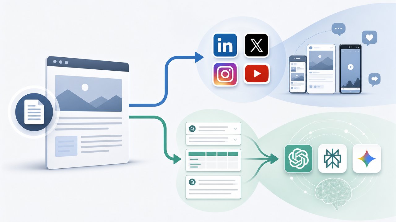 A diagram showing a single blog post branching into two paths: one path leading to social media platforms (LinkedIn, X, Instagram, YouTube Shorts) and another p