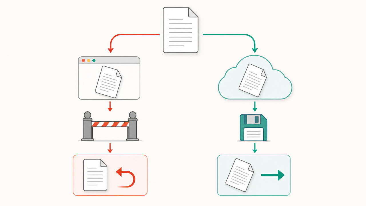 「表示の回転」と「ファイルへの回転書き込み」の違いをフローチャートで示す図(Chromeで回転→閉じる→戻る vs オンラインツールで回転→保存→維持される)