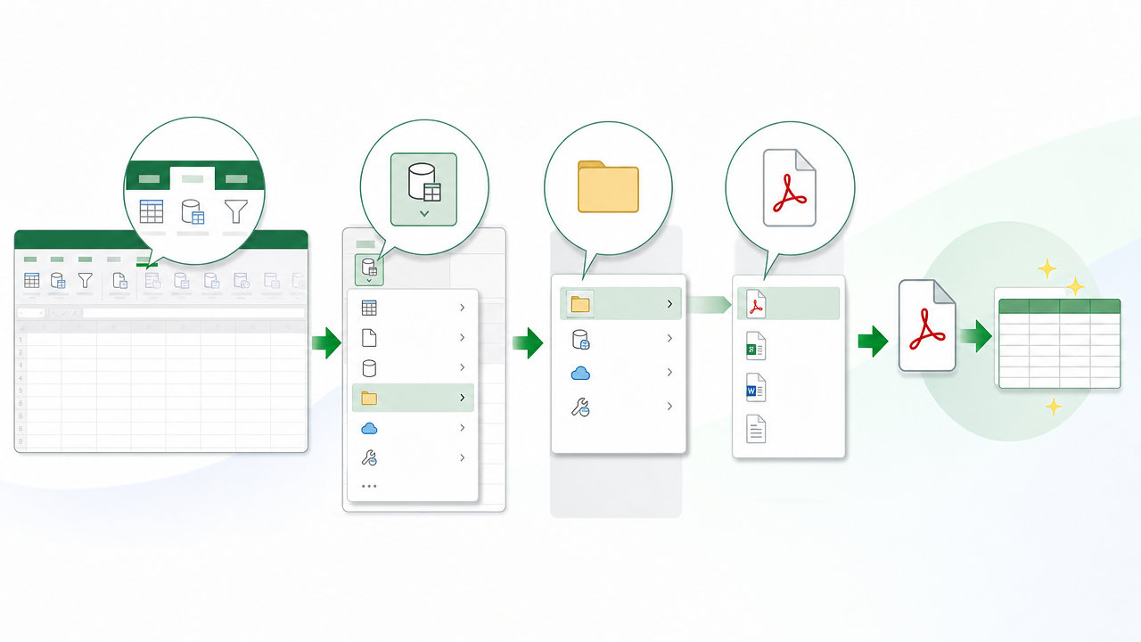 Excelの「データ」タブ→「データの取得」→「ファイルから」→「PDFから」の操作画面フロー図