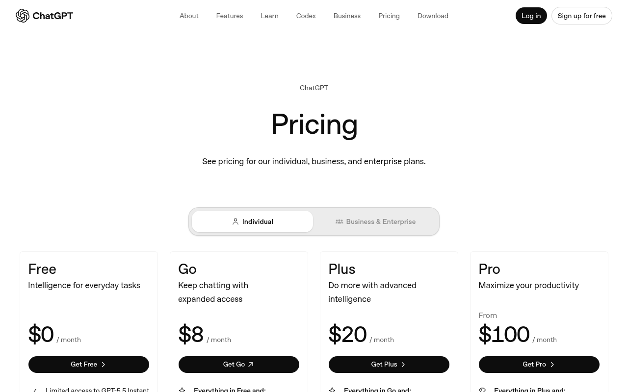 OpenAI's ChatGPT pricing page showing current plan tiers and features included with each subscription level