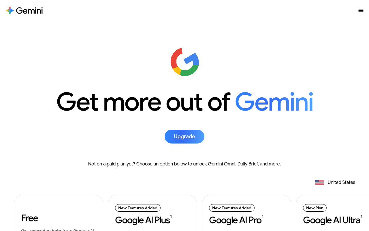 Google's Gemini subscription page showing AI Pro pricing and included features