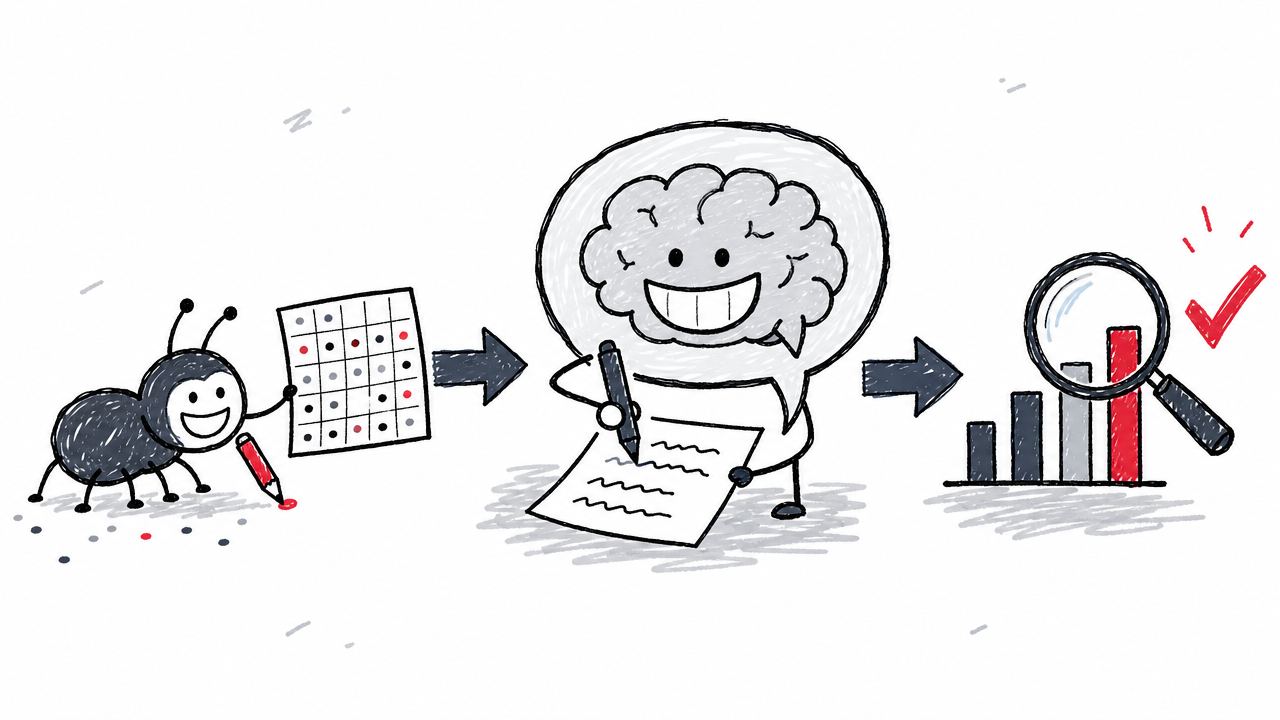 Workflow showing crawl data moving into AI analysis and then being checked against search performance data.