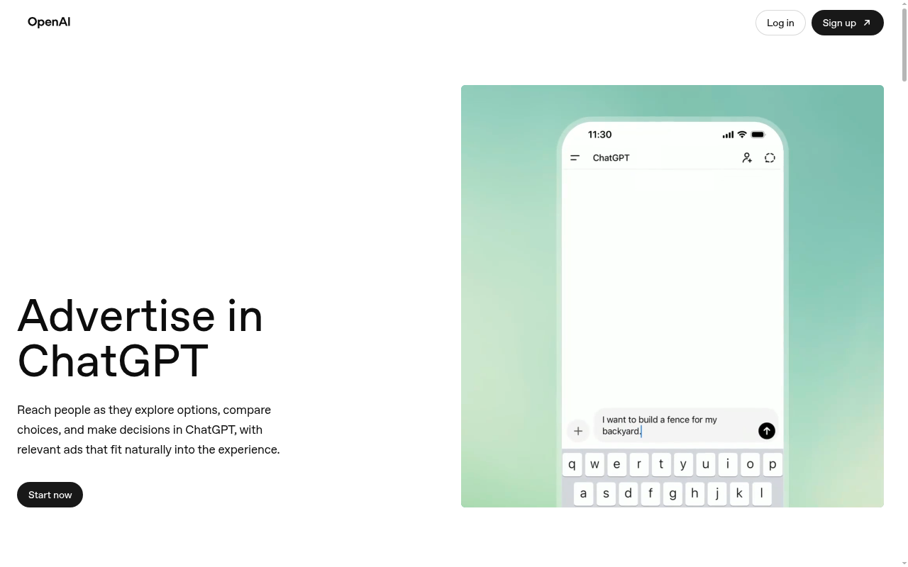 OpenAI Ads Managerのトップページ。アカウント作成への導線と3ステップの概要が表示される