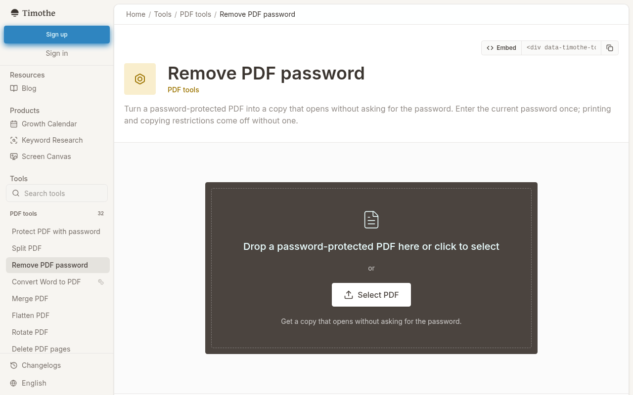 The Turnint Remove PDF password tool page showing the upload area where users can drop or select a PDF file.