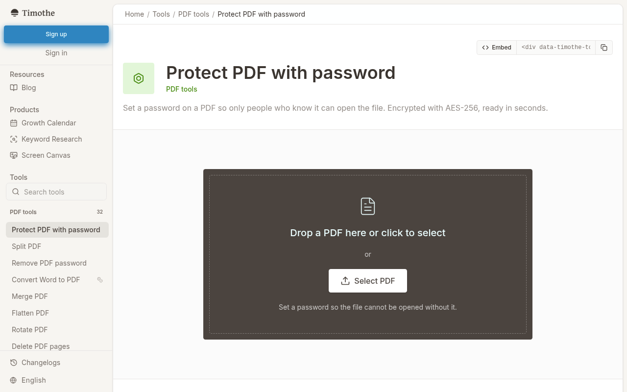 The Turnint Protect PDF with password tool page where users can upload a PDF and set a new password.