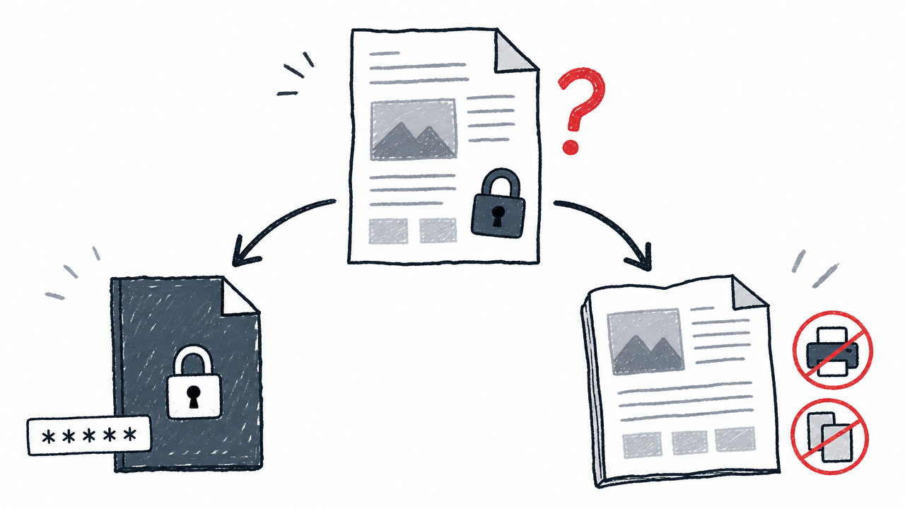 A decision tree separates password-gated PDFs from visible PDFs with permissions restrictions.
