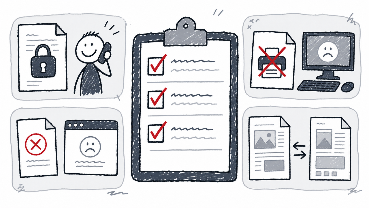 A four-step checklist covers common PDF unlocking issues and practical next actions.