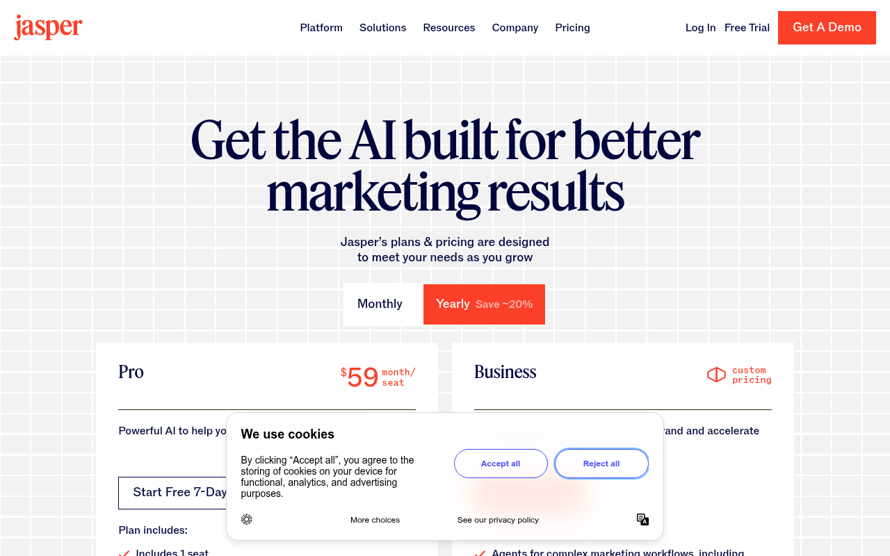 Jasper's pricing page showing Pro and Business tiers with feature breakdowns for marketing teams.