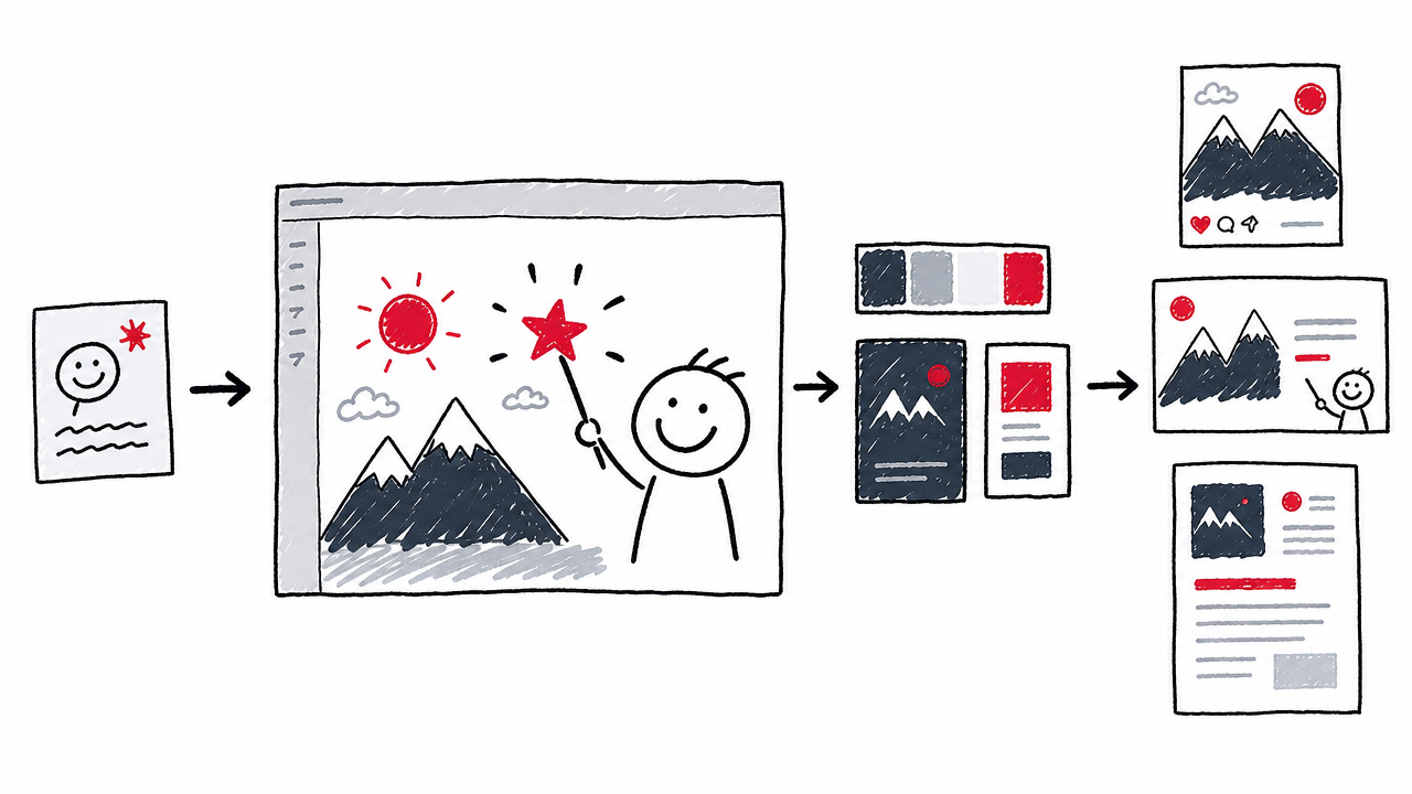 A prompt becomes a branded design and exports into social, presentation, and print formats.