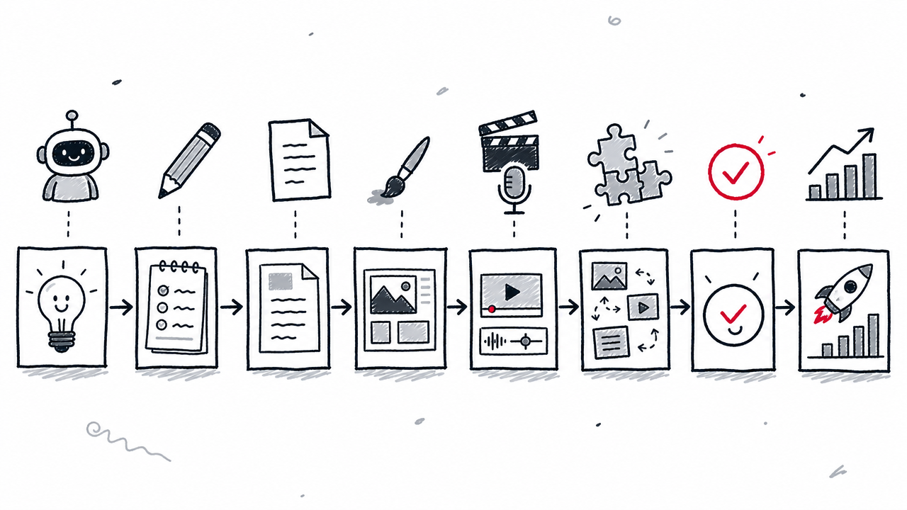 An eight-stage content pipeline connects ideation, production, review, publishing, and measurement.