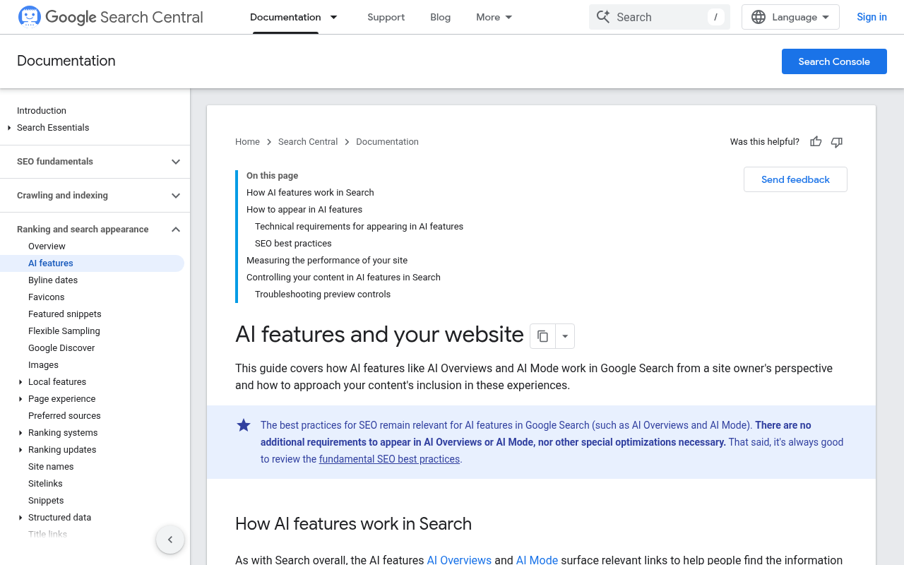 Google Search Central's documentation page on AI features and your website, showing guidance on eligibility and measurement