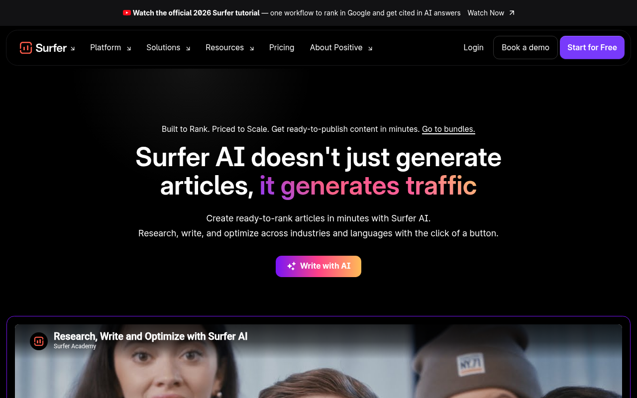 Surfer AI's article generation page showing keyword input, competitor selection, and outline controls