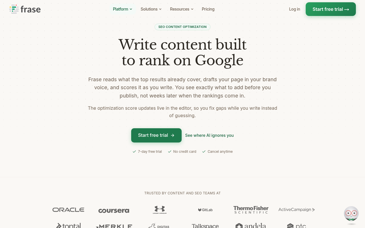 Frase's SEO content optimization feature page showing the research-to-draft workflow