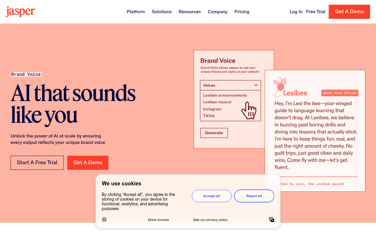 Jasper's Brand Voice configuration page showing tone, style, and knowledge settings