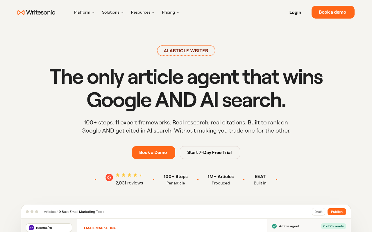 Writesonic's AI Article Writer page describing its multi-step research and citation workflow