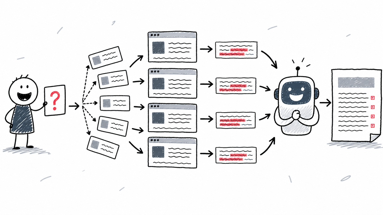 A user question branches into web searches, selected passages, and an AI answer supported by citations.