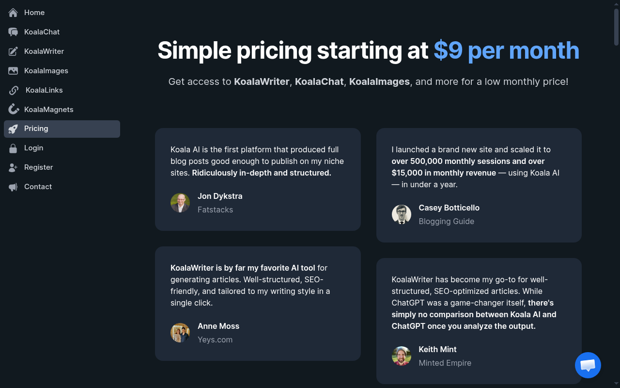 KoalaWriter's pricing page showing Essentials at $9/month and Professional at $49/month