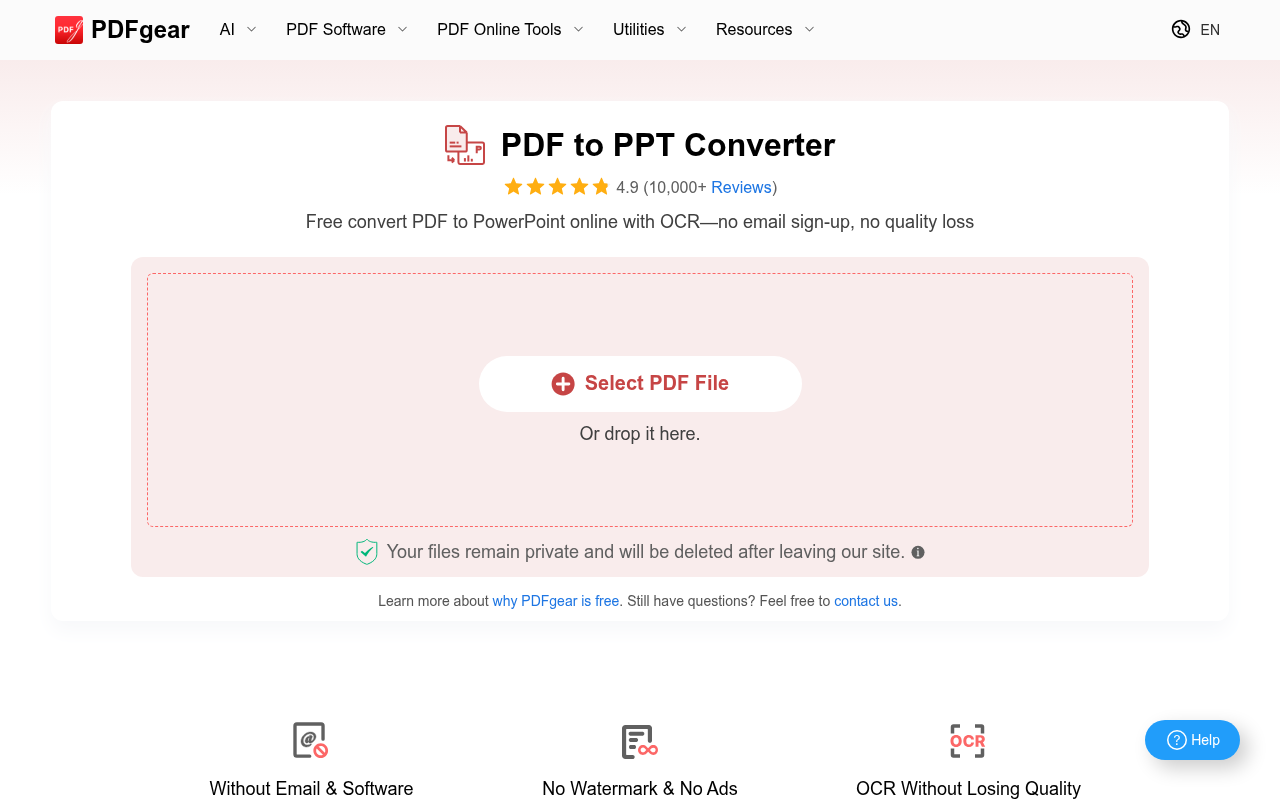 PDFgear's online PDF to PPT converter page showing the upload area, Standard and Advanced conversion mode options, and no-signup claim