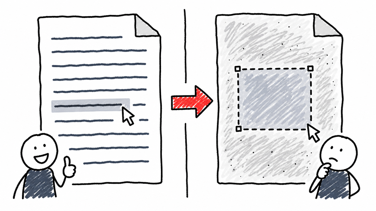 A text-based PDF allows individual text selection, while a scanned PDF behaves like one flat image.