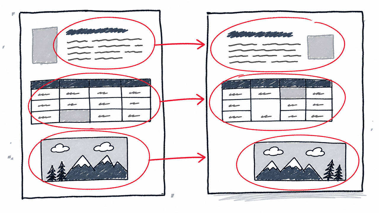 A converted PowerPoint slide shows substituted text, a broken table, and a shifted image compared with the original PDF.