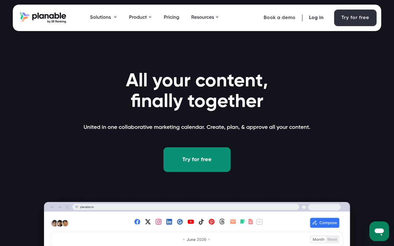 Planable's universal content calendar page showing the visual calendar interface with multi-format content preview.