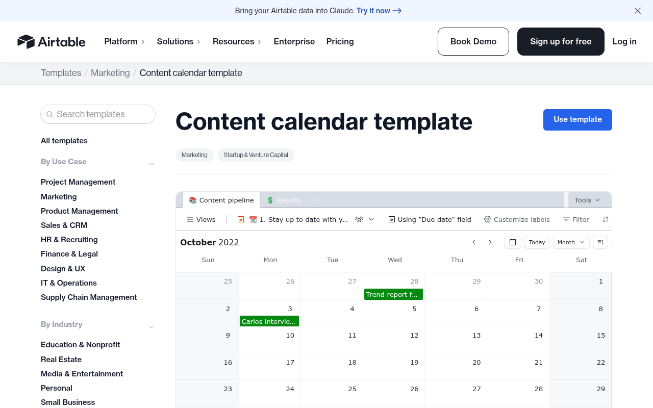 Airtable's content calendar template page showing linked campaign records, calendar view, and performance tracking fields.