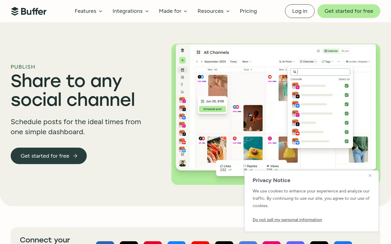 Buffer's Publish page showing the visual social media calendar with queued posts across multiple channels.