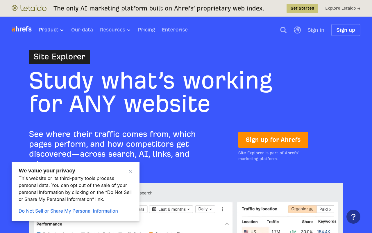 Ahrefs Site Explorer landing page showing competitor backlink analysis features and index statistics