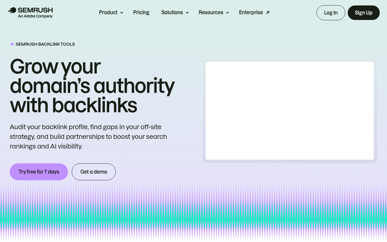 Semrush backlink analysis page showing audit and gap analysis capabilities