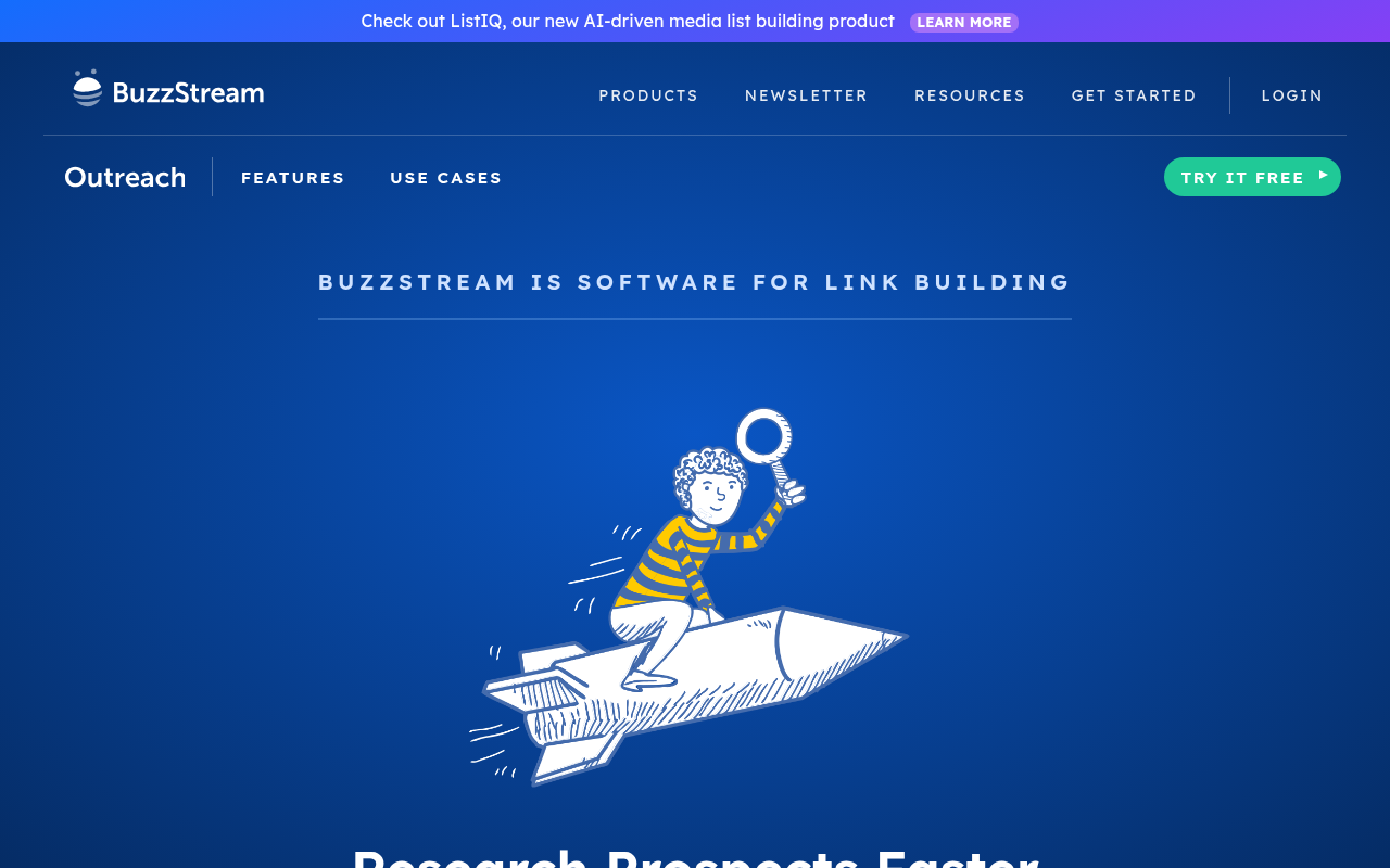 BuzzStream link-building outreach page showing prospect management and campaign features