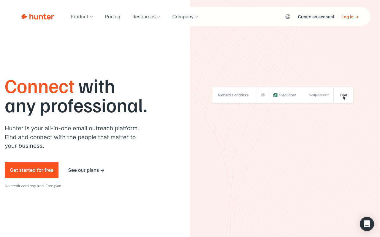 Hunter homepage showing domain search, email finder, and verification tools