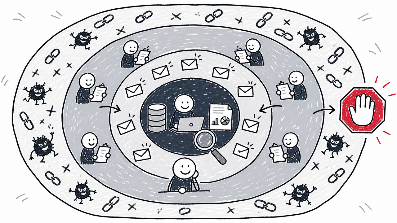 Four automation risk zones move from routine data tasks at the center to blocked link-spam tactics at the edge.