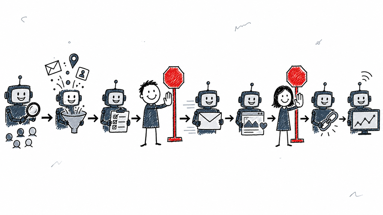A link-building workflow combines automated research and monitoring with human approval before outreach and placement.