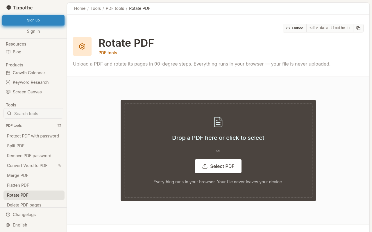 The Timothe PDF Rotate tool page showing the drag-and-drop upload area and rotation controls.