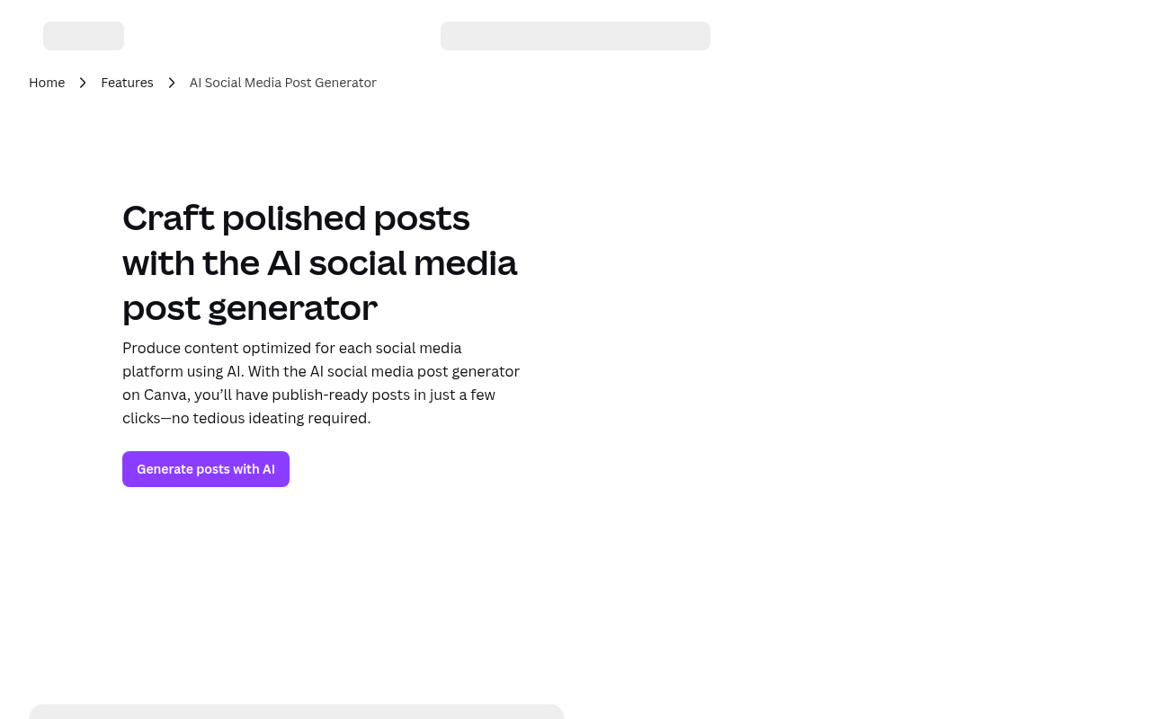 Canva's AI social media post generator page showing platform selection, tone controls, and generated post previews