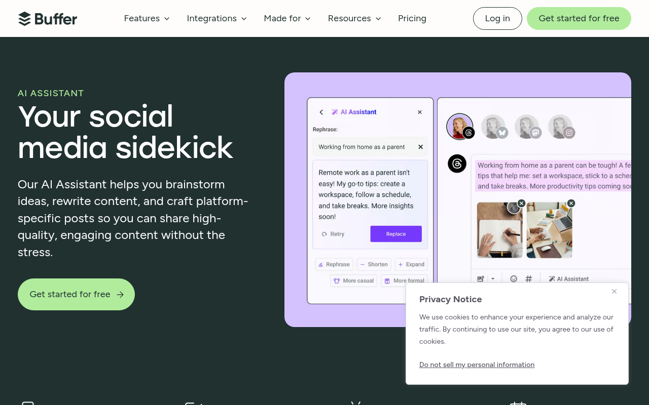 Buffer's AI Assistant page showing the ideation and rewriting interface for social media posts