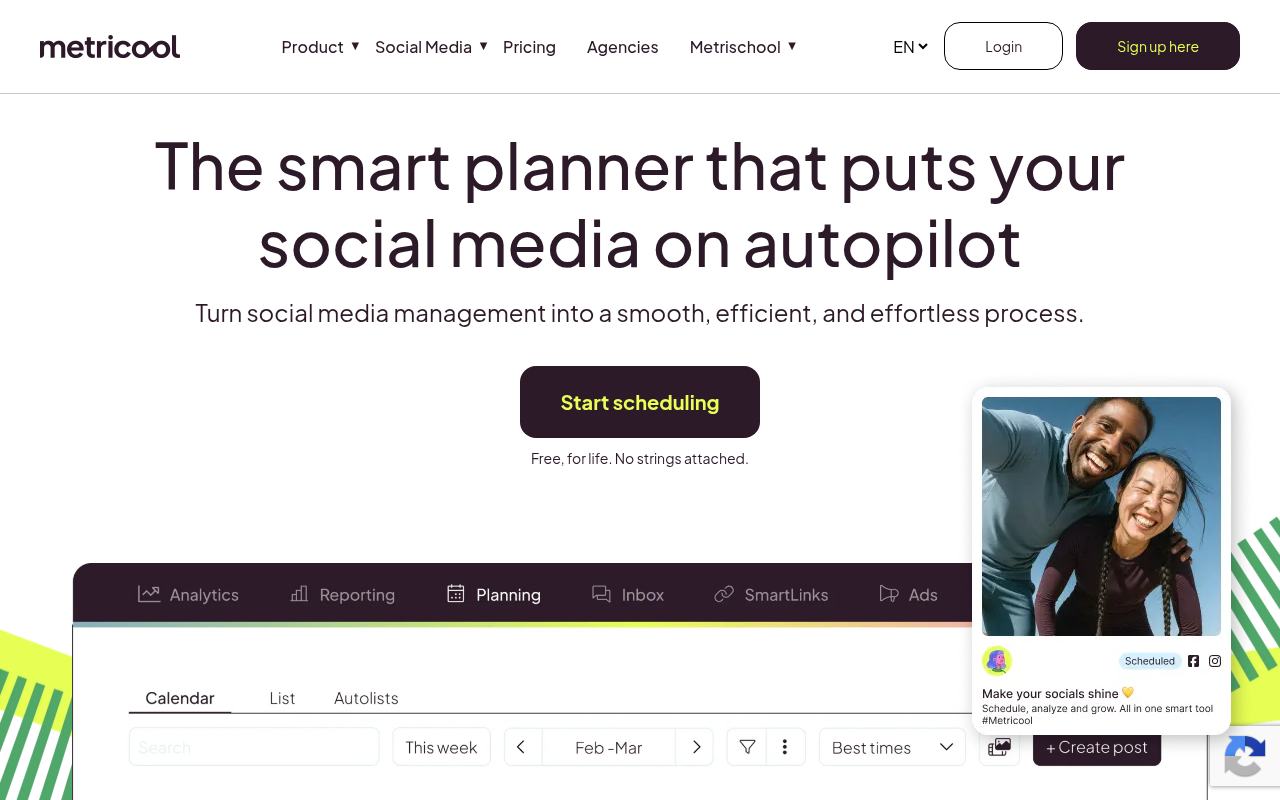 Metricool's planner interface showing the content calendar with AI Assistant integration