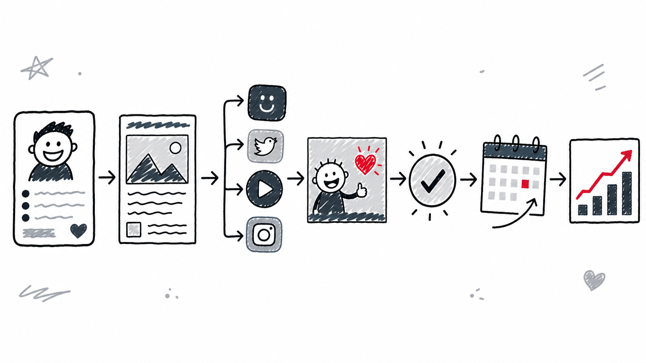 A seven-step path takes social content from brand context and drafting through publishing to performance measurement.