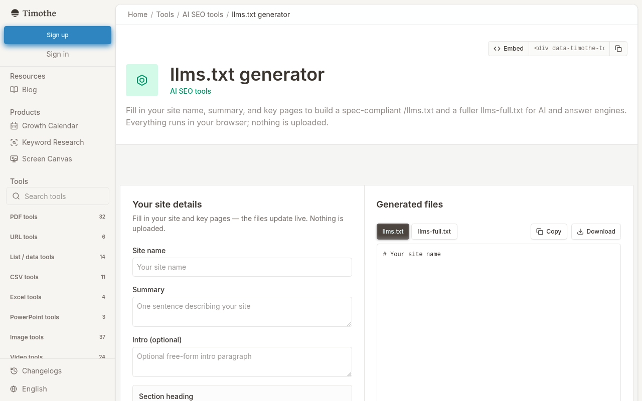 The llms.txt generator interface, showing fields for site details and key-page links that produce the proposed Markdown structure.