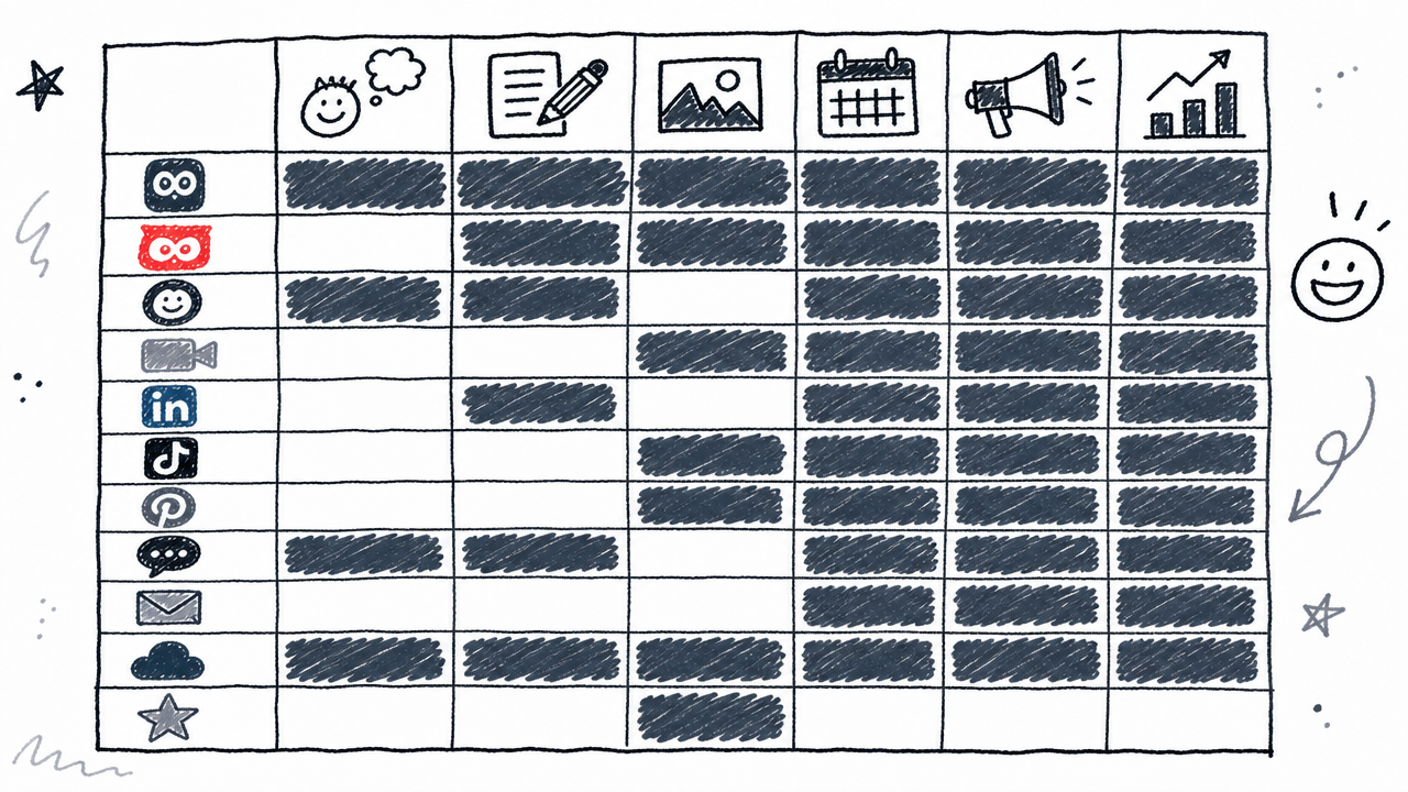 A coverage matrix compares how eleven tools span the social content workflow, from brand context to measurement.